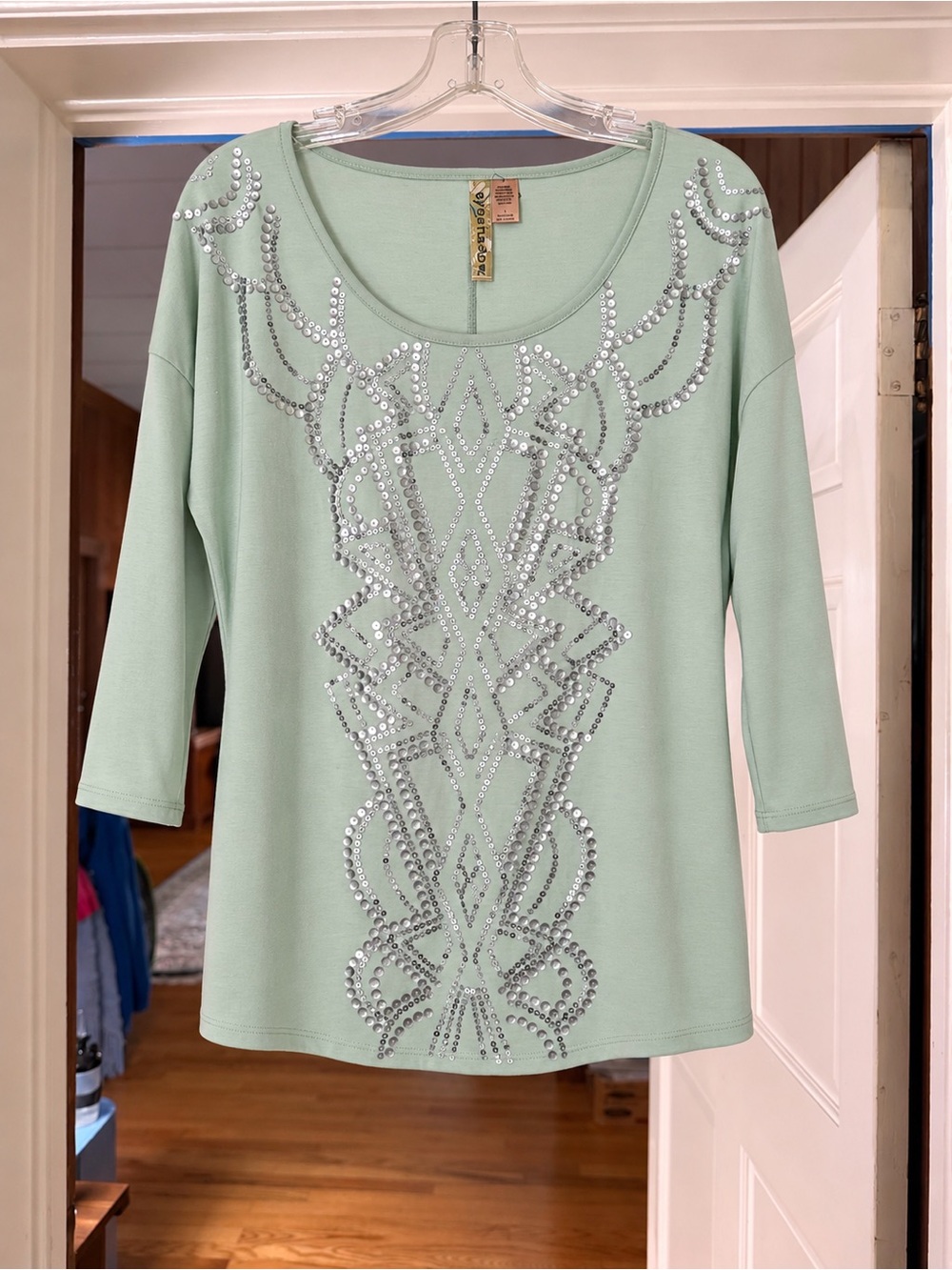 Eyeshadow Mint Green Long Sleeve Scoop Neck Top with Sequin Detail